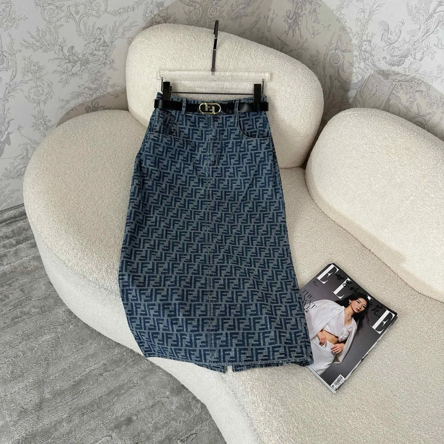 『S-L』おしゃれ ジャカード デニム 半袖 ショートトップス スカート セットアップ