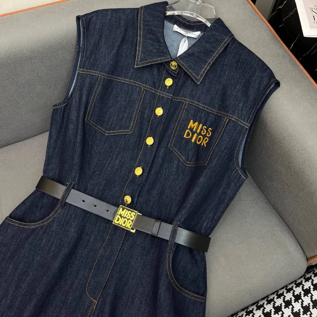 『S-L』新作 高級感 ミニマル クラシック レターフラワー刺繍 ベルト付き ラペルカラー ノースリーブ ワンピース