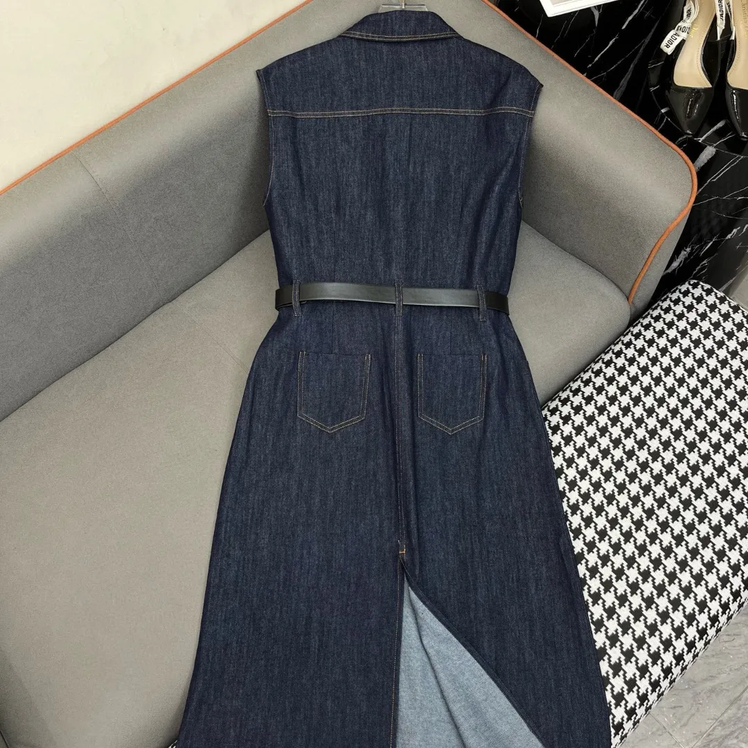 『S-L』新作 高級感 ミニマル クラシック レターフラワー刺繍 ベルト付き ラペルカラー ノースリーブ ワンピース