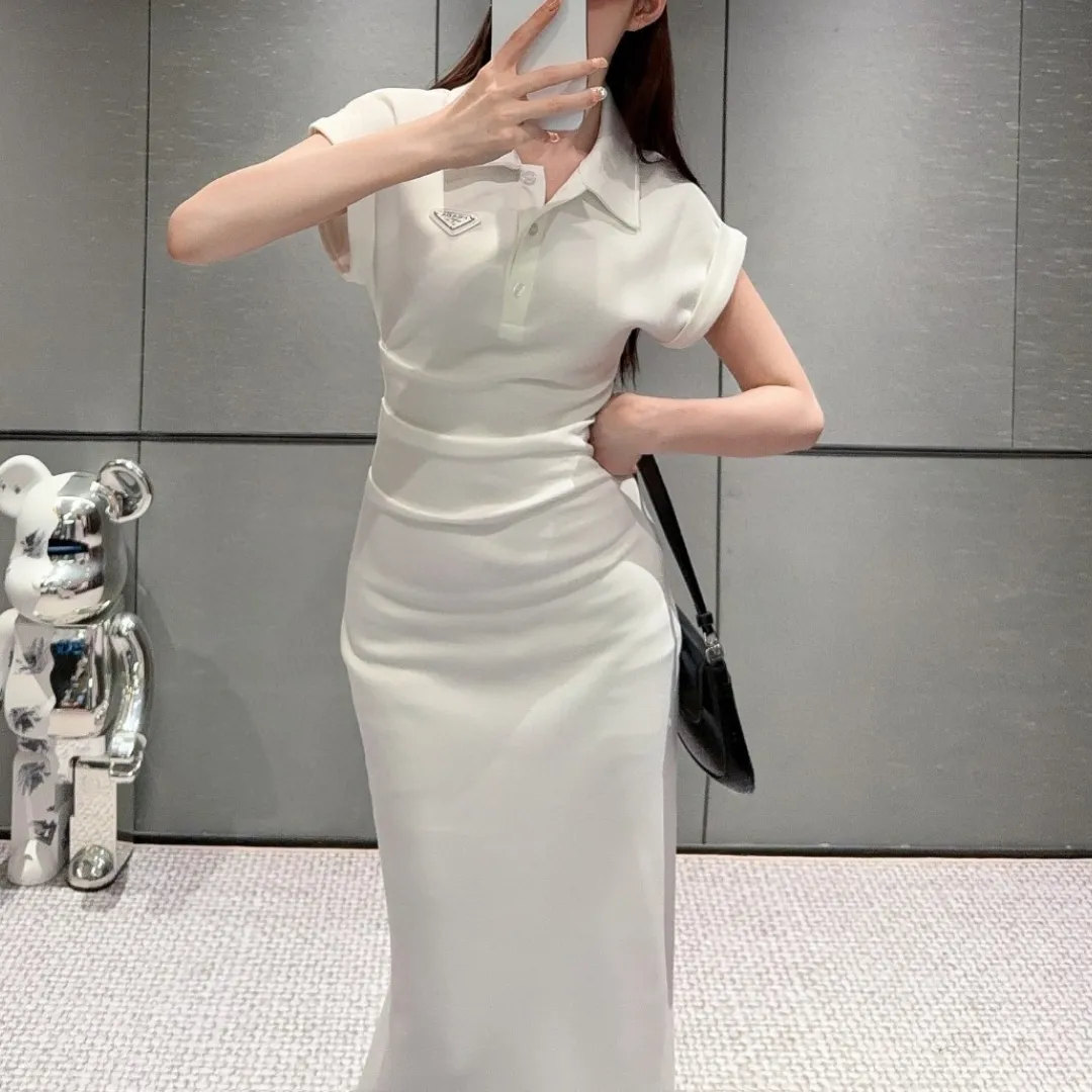 『S-L』優雅 ポロ襟 プリーツデザイン 細見え効果 日常 通勤 ぴったり ワンピース