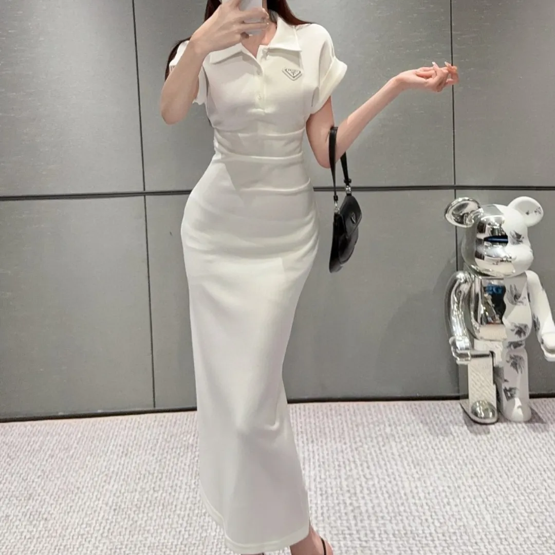 『S-L』優雅 ポロ襟 プリーツデザイン 細見え効果 日常 通勤 ぴったり ワンピース