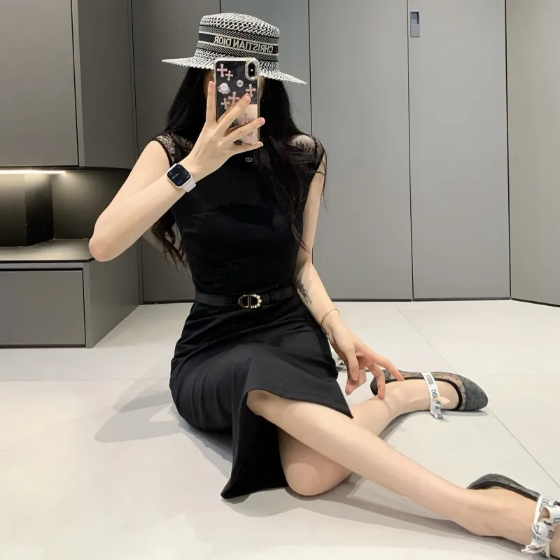 『S-L』気質満点 好感度UP エレガントスタイリッシュ レースフライスリーブ  ベルト付きドレス
