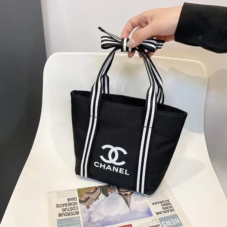 プチシャネル リボン キャンバスバッグ 手提げ 大容量 弁当袋 化粧ポーチ ヴィンテージバッグ ショッピングバッグ