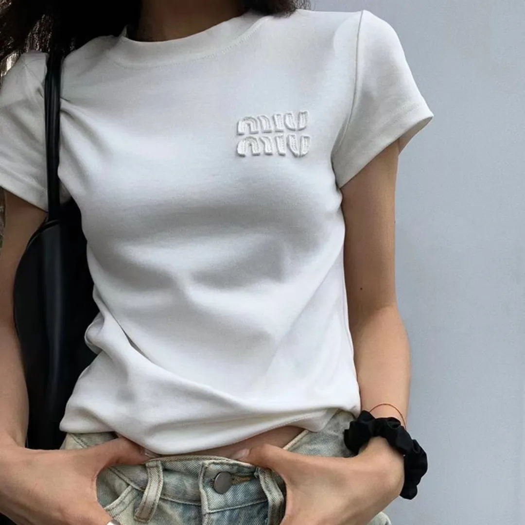 『S-2XL』綿100% 半袖 ミニマル 夏 レタリング 刺繍 スリム スリミング 無地 クルーネック 正シルエット Tシャツ レディース