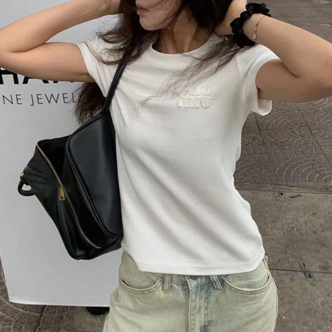 『S-2XL』綿100% 半袖 ミニマル 夏 レタリング 刺繍 スリム スリミング 無地 クルーネック 正シルエット Tシャツ レディース