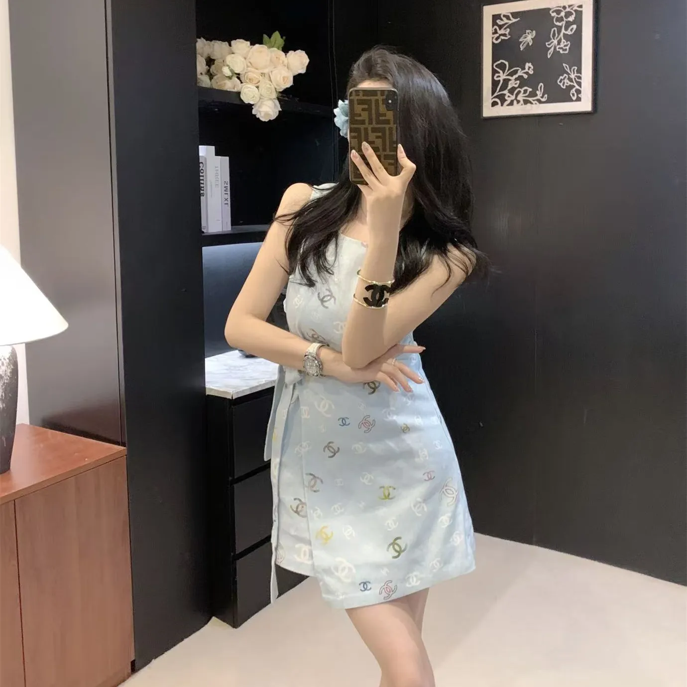 『S-L』激推し 高級 新作 タイアップデザイン プリント ノースリーブ ワンピース