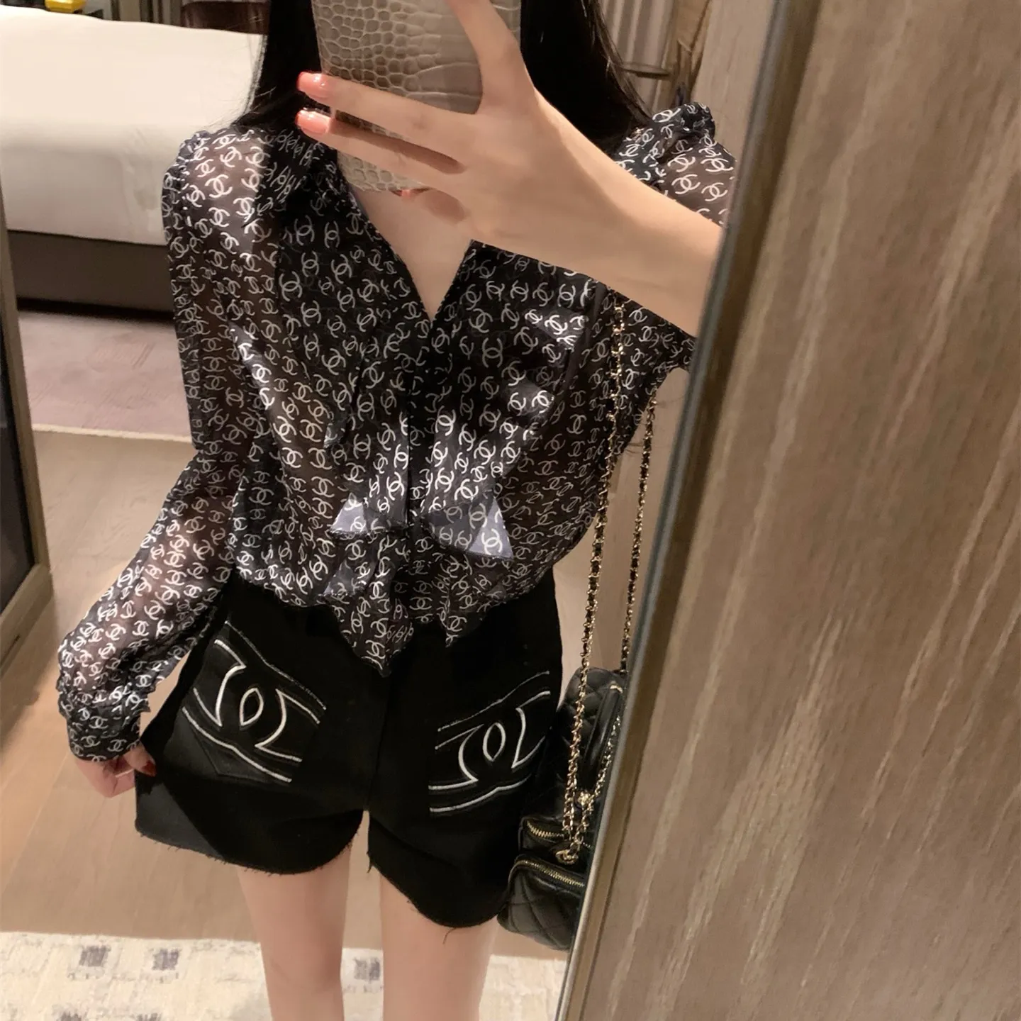 『S-L』透け感 フェミニン 軽やか 上品 フリル レース シフォン シャツ