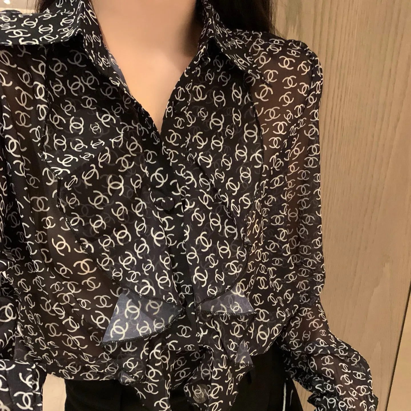 『S-L』透け感 フェミニン 軽やか 上品 フリル レース シフォン シャツ