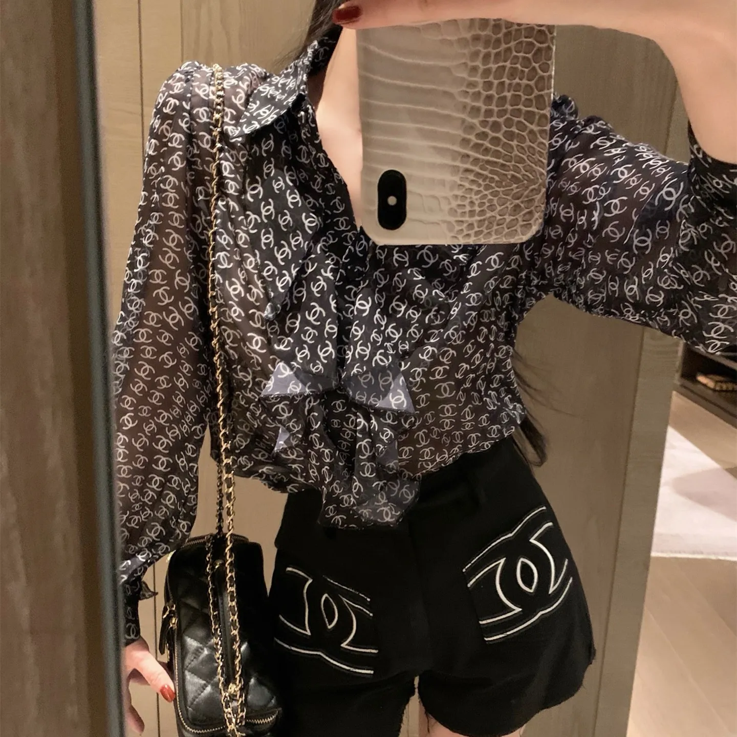 『S-L』透け感 フェミニン 軽やか 上品 フリル レース シフォン シャツ