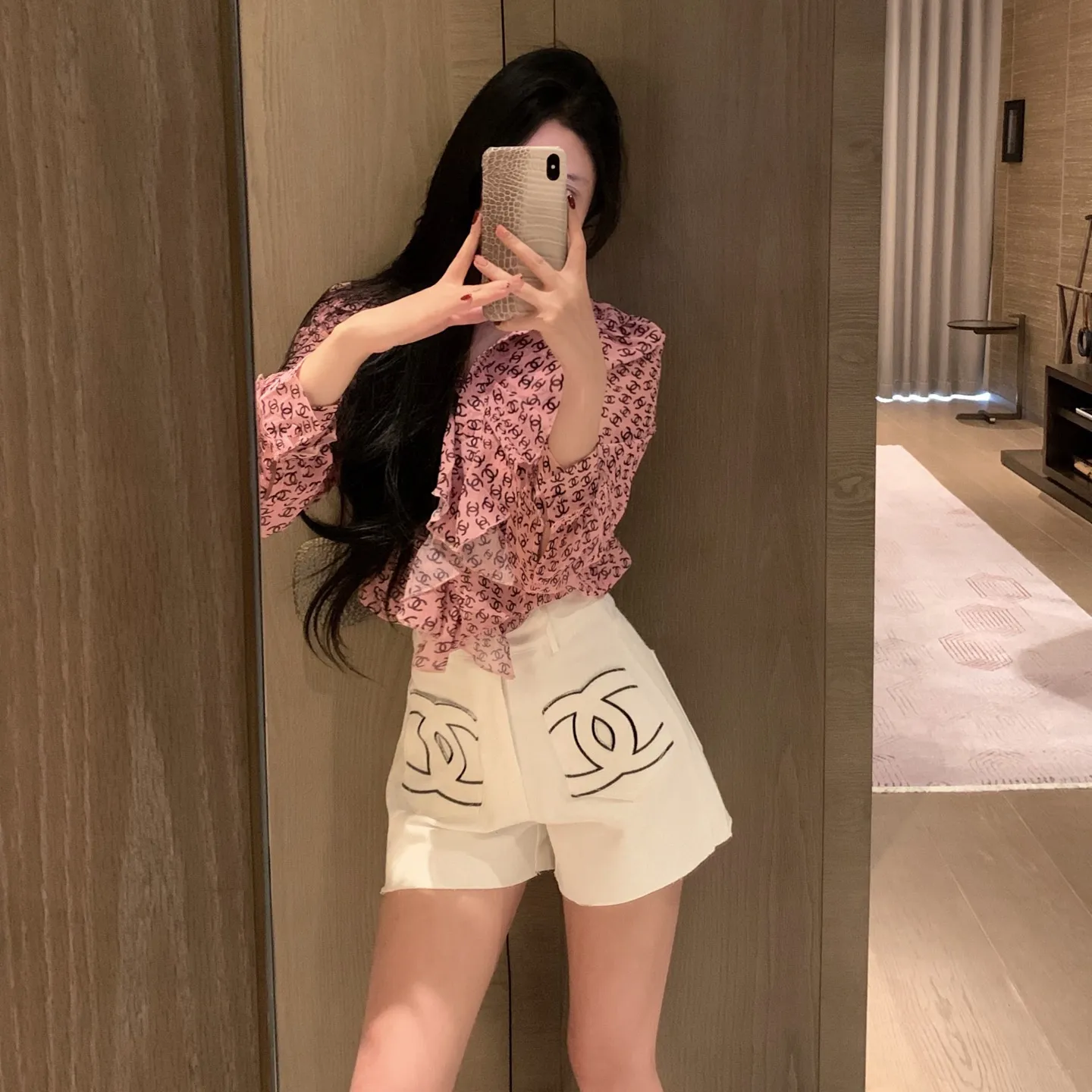 『S-L』透け感 フェミニン 軽やか 上品 フリル レース シフォン シャツ