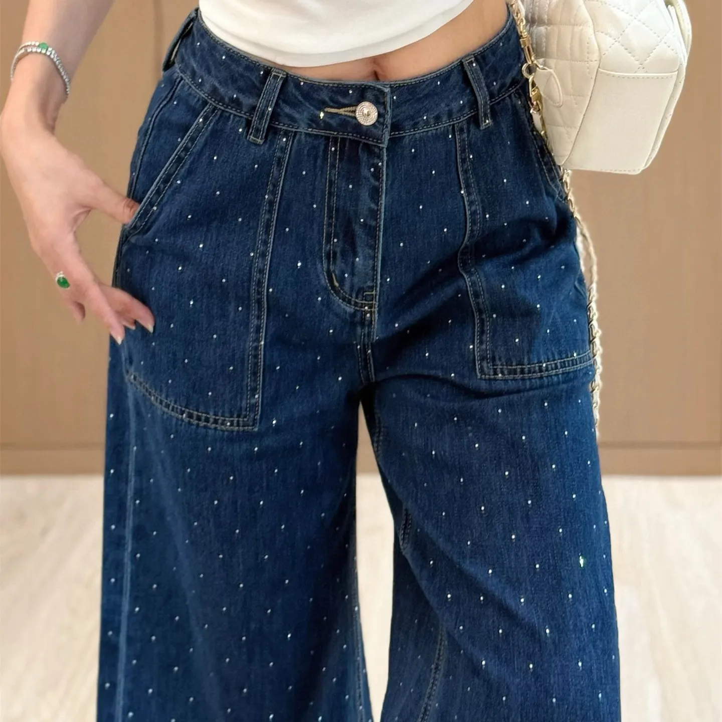 『S-L』春夏 新作 スパンコール 刺繍 ルーズ 感 クール ゆったり 清潔 シンプル 七分 ジーンズ