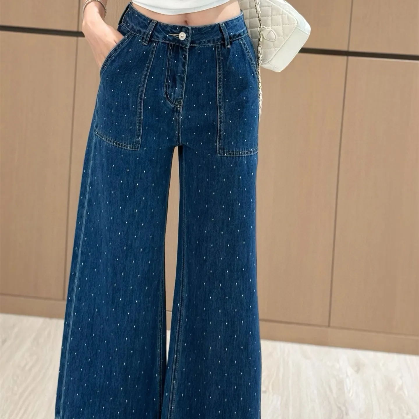 『S-L』春夏 新作 スパンコール 刺繍 ルーズ 感 クール ゆったり 清潔 シンプル 七分 ジーンズ