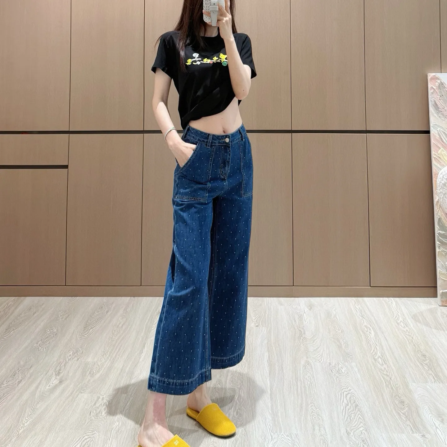 『S-L』春夏 新作 スパンコール 刺繍 ルーズ 感 クール ゆったり 清潔 シンプル 七分 ジーンズ