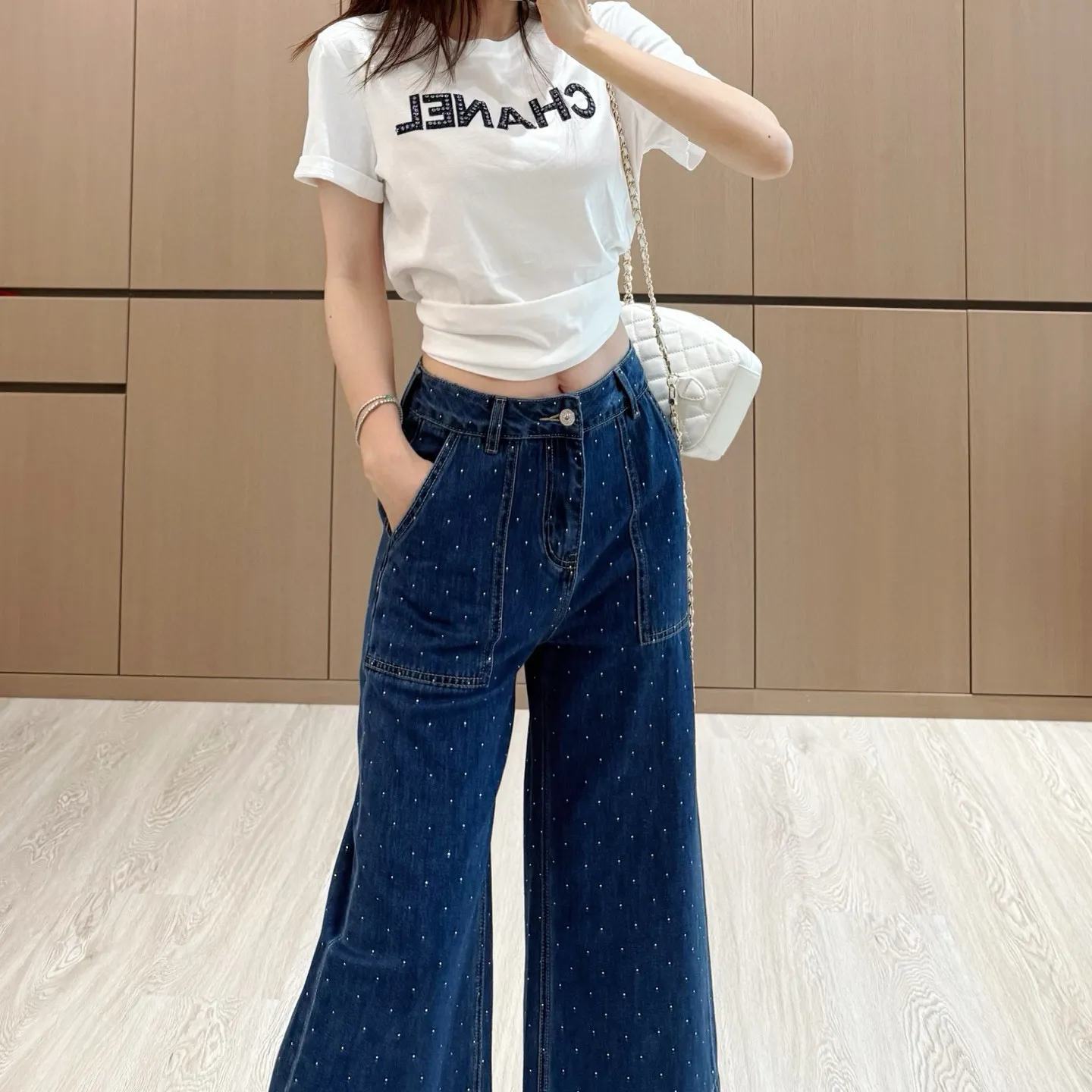 『S-L』春夏 新作 スパンコール 刺繍 ルーズ 感 クール ゆったり 清潔 シンプル 七分 ジーンズ