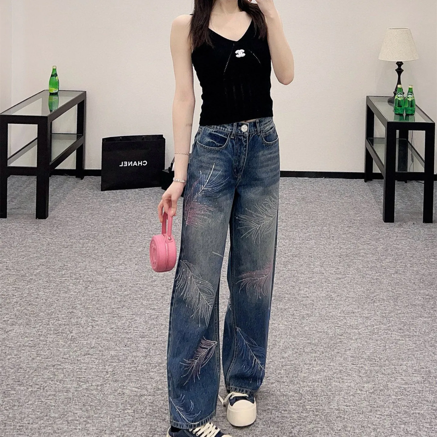 『S-L』ツイル デニム 素材 柔らかい 快適 フェザー スワロフスキー ディストレス ワイド ジーンズ