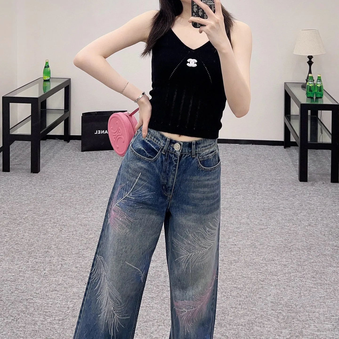 『S-L』ツイル デニム 素材 柔らかい 快適 フェザー スワロフスキー ディストレス ワイド ジーンズ