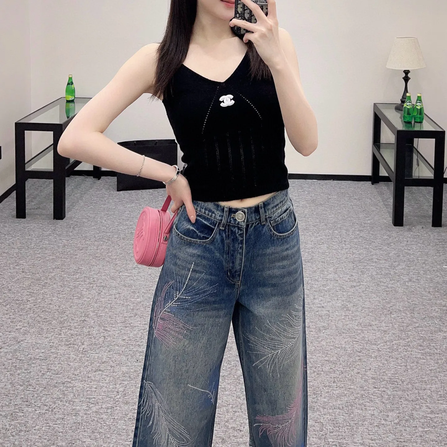 『S-L』ツイル デニム 素材 柔らかい 快適 フェザー スワロフスキー ディストレス ワイド ジーンズ
