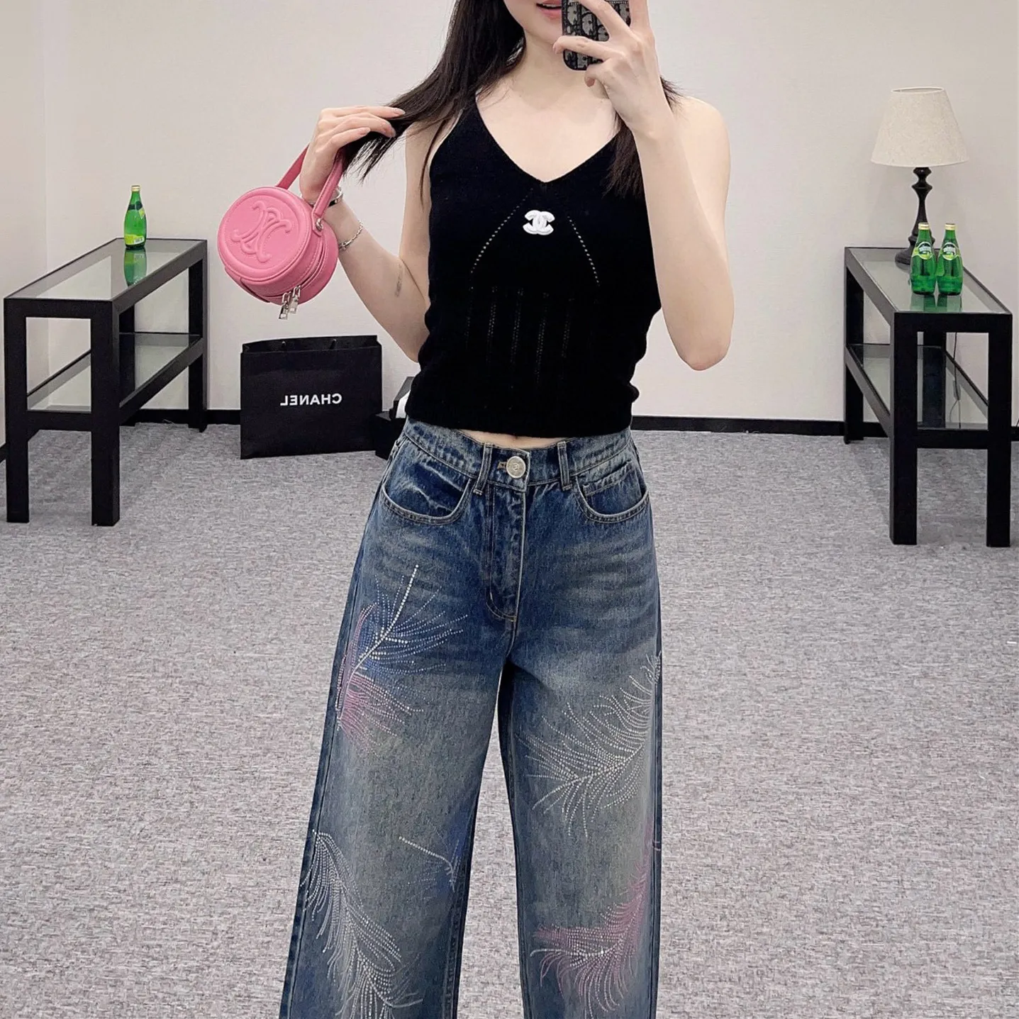 『S-L』ツイル デニム 素材 柔らかい 快適 フェザー スワロフスキー ディストレス ワイド ジーンズ