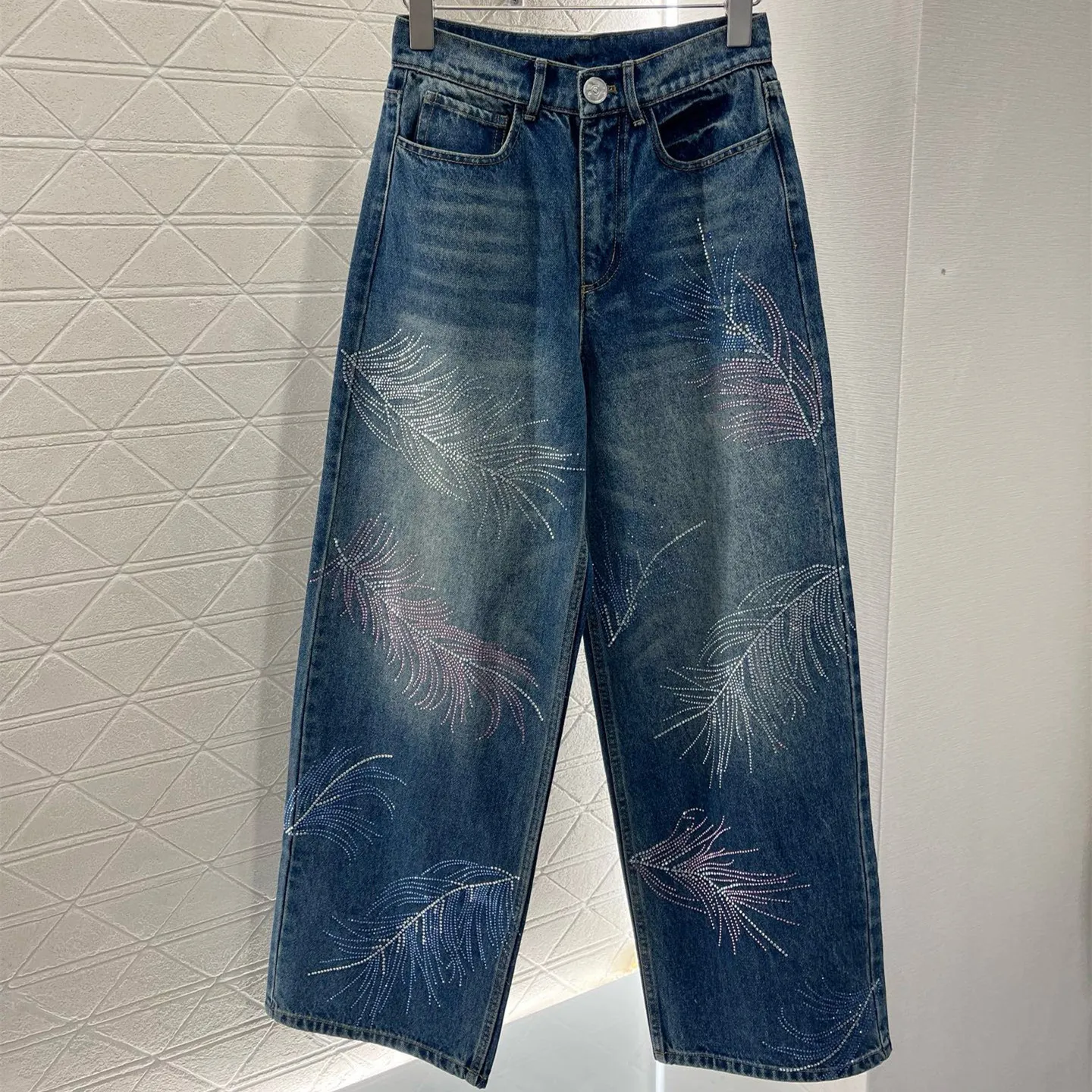 『S-L』ツイル デニム 素材 柔らかい 快適 フェザー スワロフスキー ディストレス ワイド ジーンズ