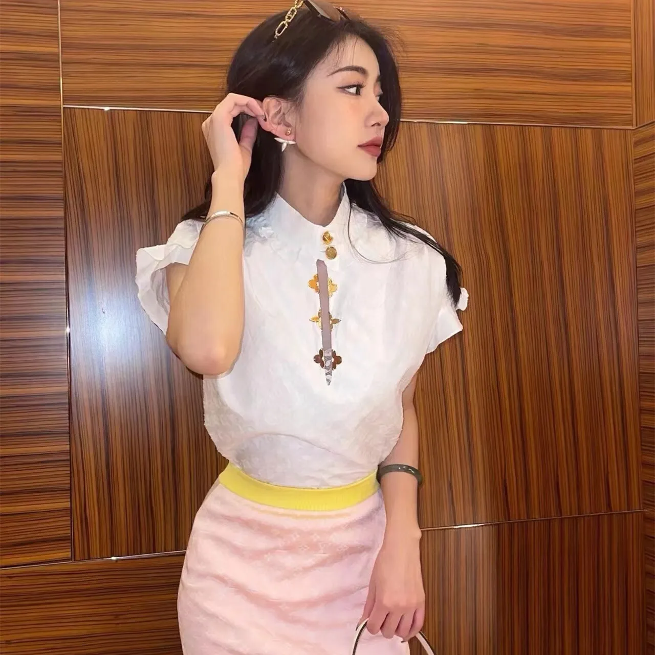 『S-L』レトロ 宮廷 風 少女 気質 ピコット 綿100% 半袖 ブラウス レース スタンド カラー モノグラム シャツ