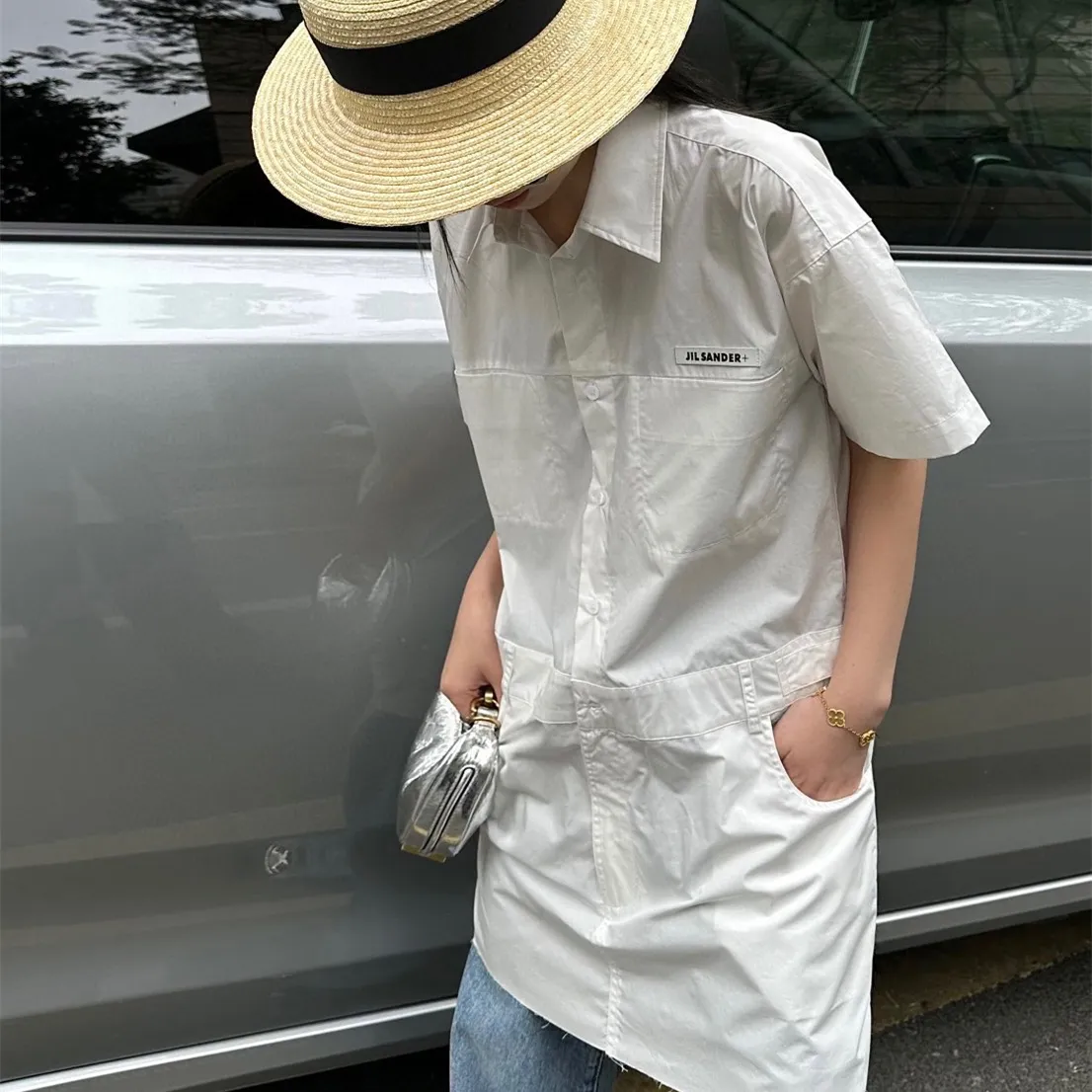 『S-L』ポケット レザー ラベル ルーズ クール ワーク スタイル ポロ カラー 半袖 シャツ ワンピース
