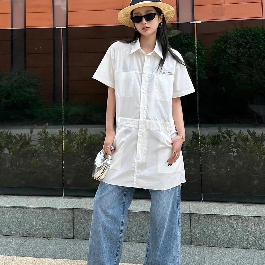 『S-L』ポケット レザー ラベル ルーズ クール ワーク スタイル ポロ カラー 半袖 シャツ ワンピース