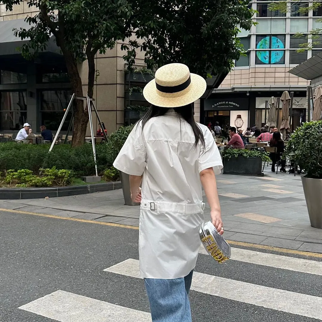 『S-L』ポケット レザー ラベル ルーズ クール ワーク スタイル ポロ カラー 半袖 シャツ ワンピース