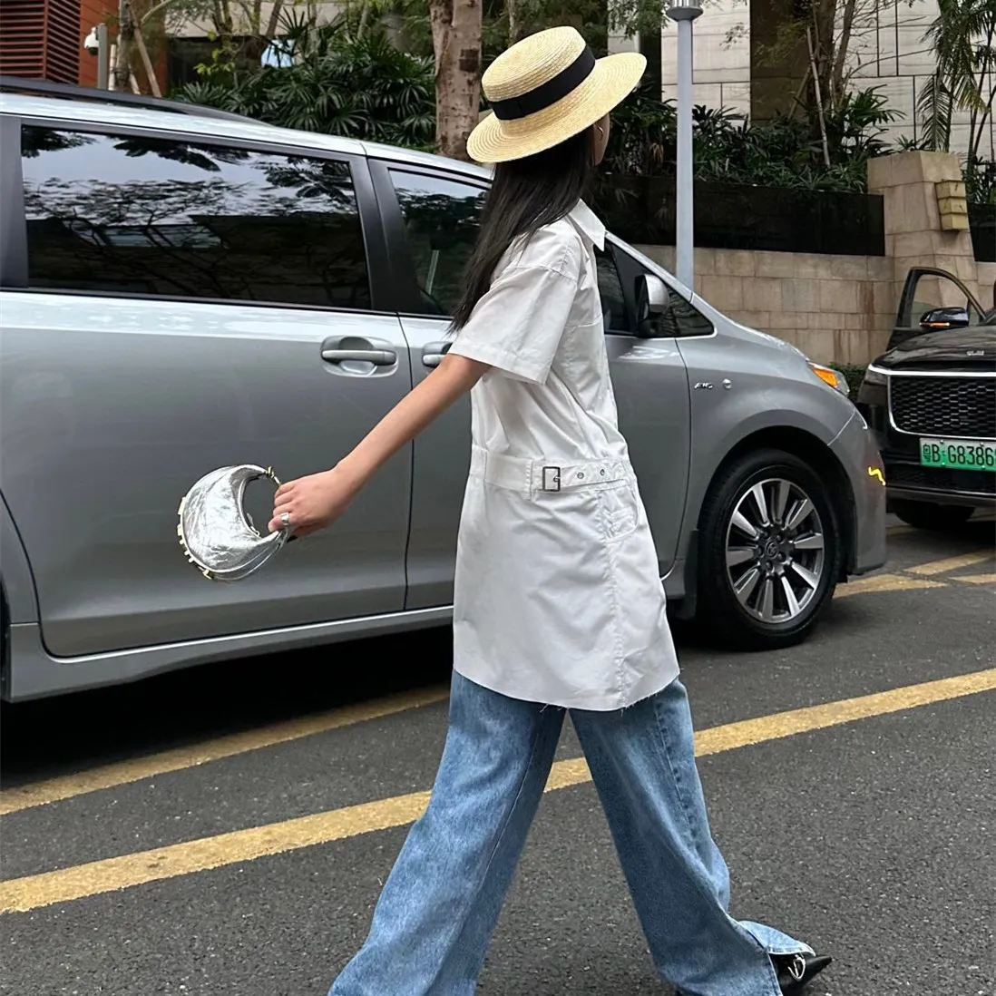 『S-L』ポケット レザー ラベル ルーズ クール ワーク スタイル ポロ カラー 半袖 シャツ ワンピース