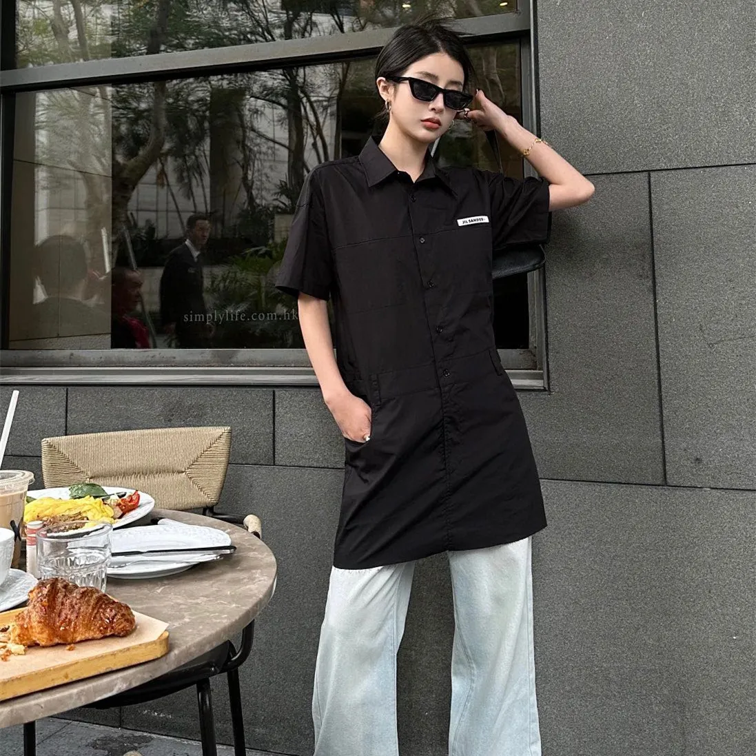 『S-L』ポケット レザー ラベル ルーズ クール ワーク スタイル ポロ カラー 半袖 シャツ ワンピース