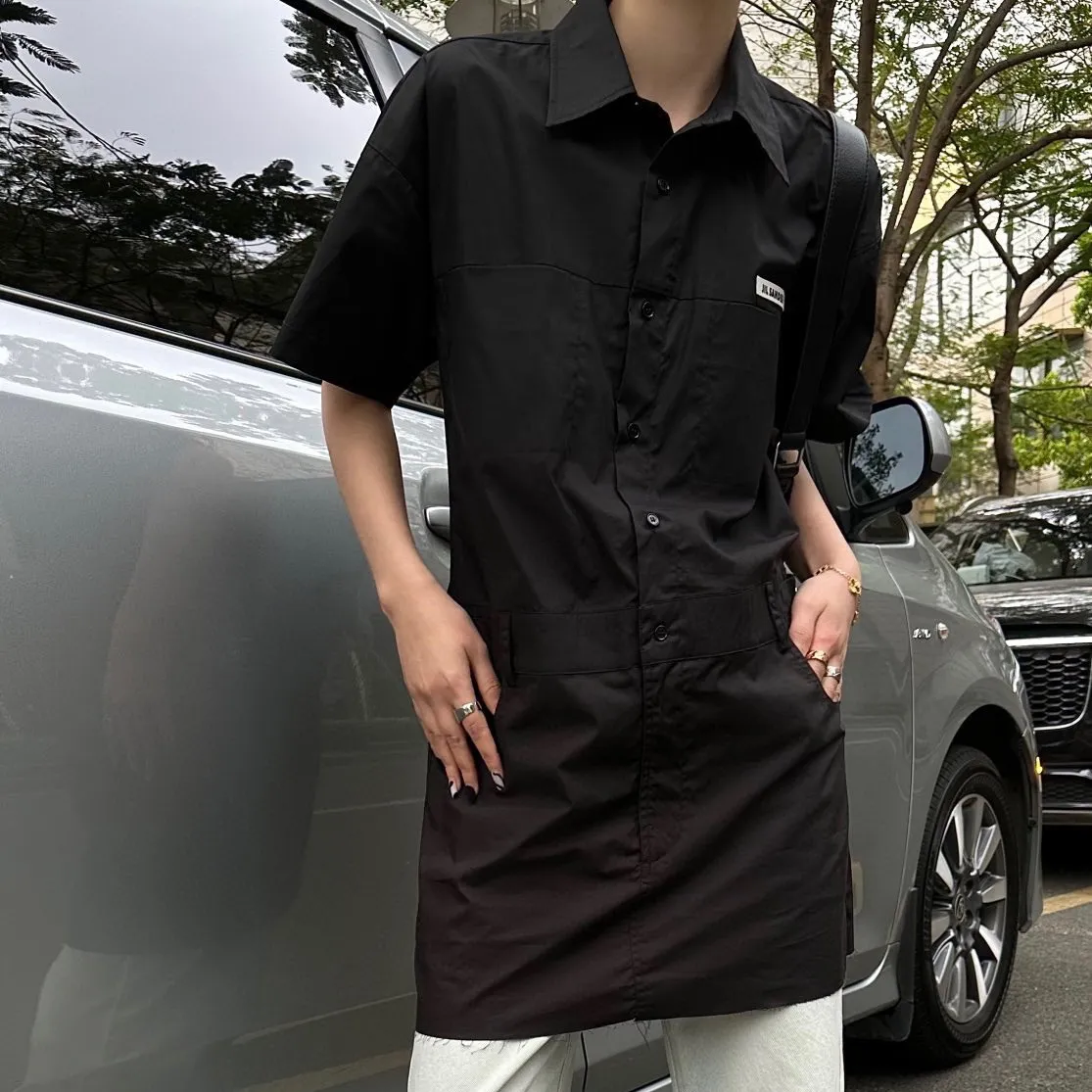 『S-L』ポケット レザー ラベル ルーズ クール ワーク スタイル ポロ カラー 半袖 シャツ ワンピース