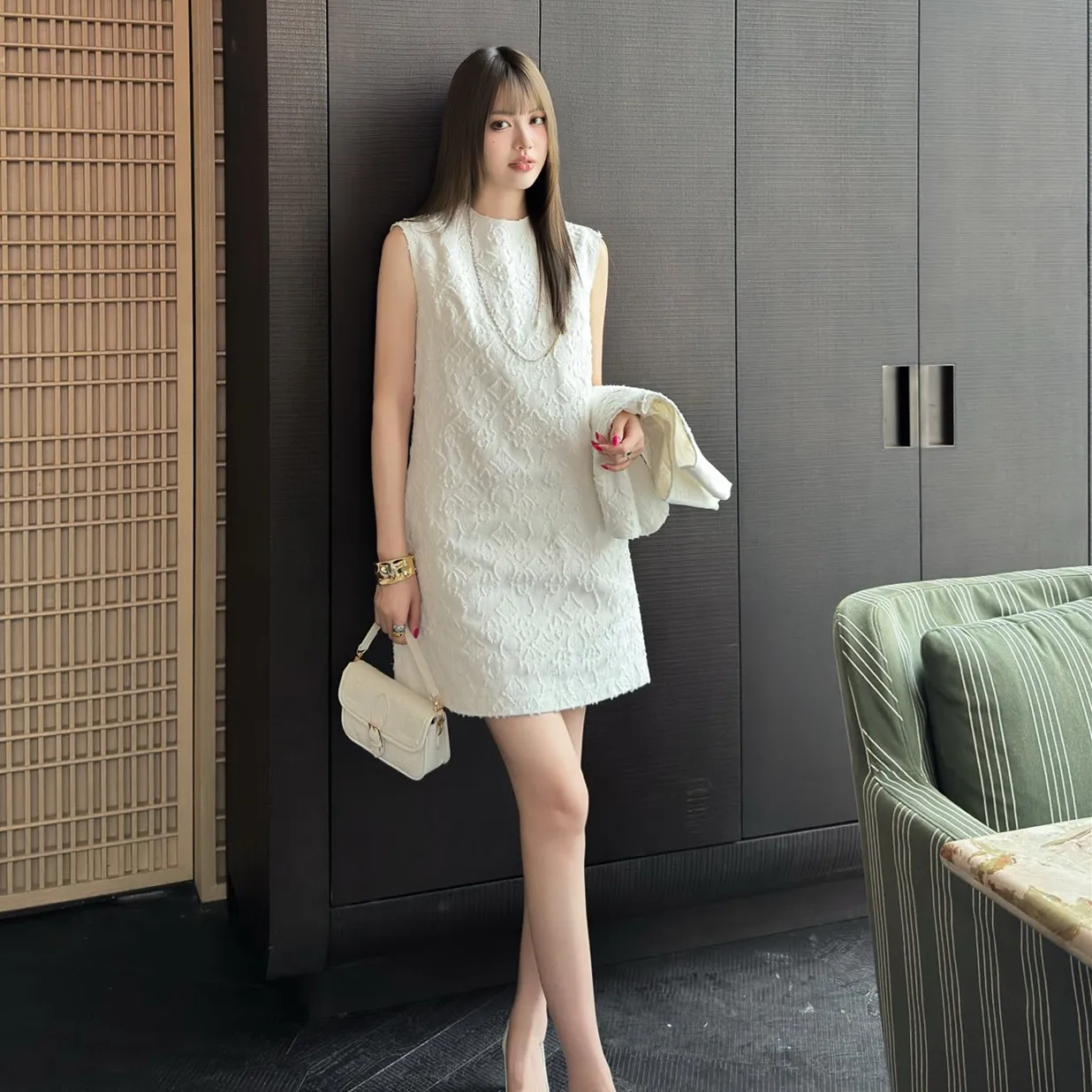 『S-L』高級感 満点 上質 定番 ルーズ ナチュラル モノグラム ジャカード デニムシリーズ ノースリーブ ワンピース