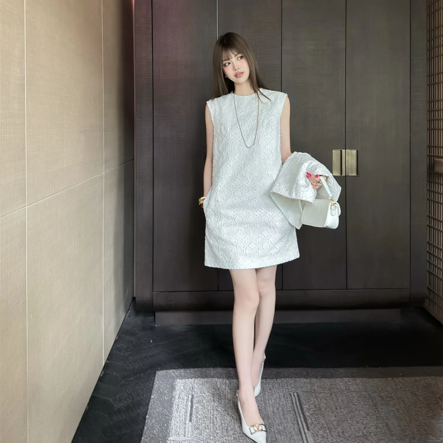 『S-L』高級感 満点 上質 定番 ルーズ ナチュラル モノグラム ジャカード デニムシリーズ ノースリーブ ワンピース