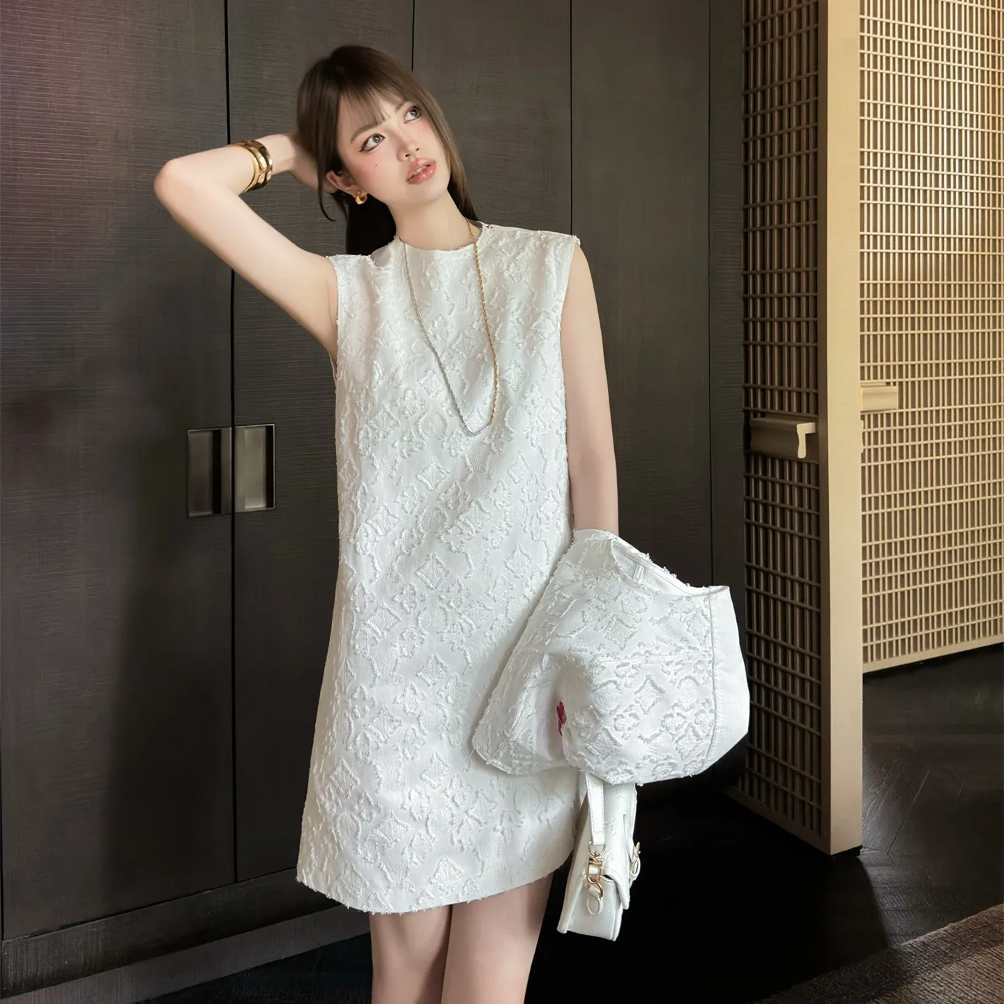 『S-L』高級感 満点 上質 定番 ルーズ ナチュラル モノグラム ジャカード デニムシリーズ ノースリーブ ワンピース