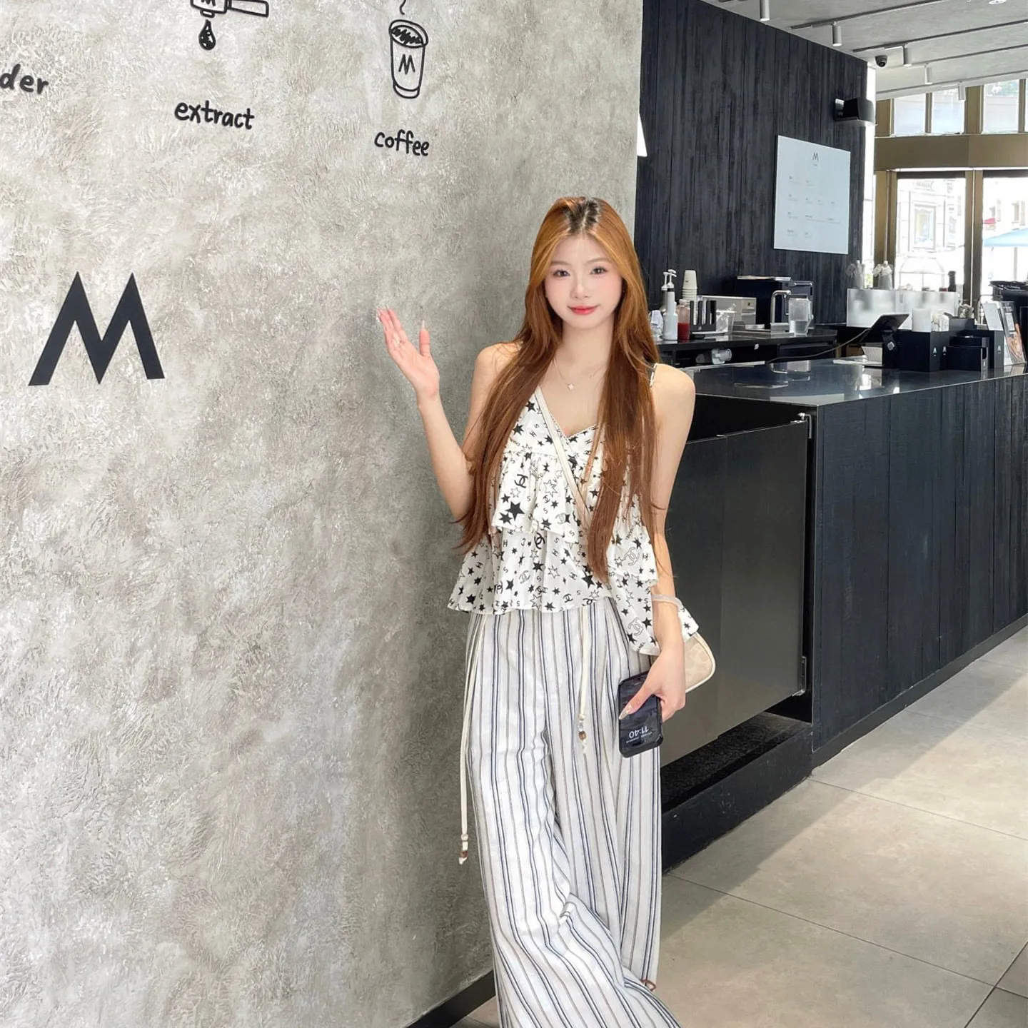 『S-L』新作  レトロ おしゃれ ユニーク クール 夏 コーデ ヴィンテージ 系 カラー ブロック ストラップ ストライプ パンツ