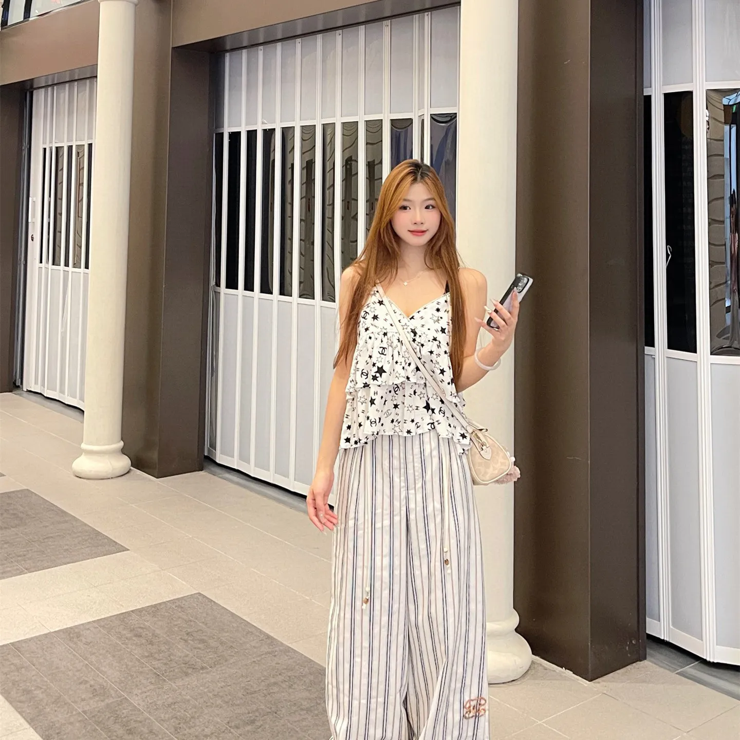 『S-L』新作  レトロ おしゃれ ユニーク クール 夏 コーデ ヴィンテージ 系 カラー ブロック ストラップ ストライプ パンツ