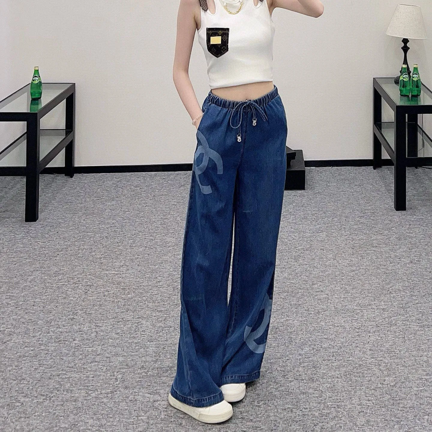 『S-L』おしゃれ ウォッシュ加工 柔らかい 肌ざわり良い ハイウエスト デニム ワイド ロング パンツ