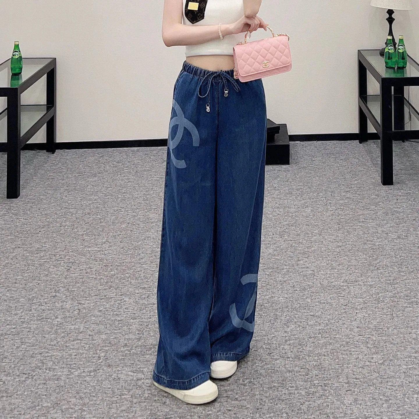 『S-L』おしゃれ ウォッシュ加工 柔らかい 肌ざわり良い ハイウエスト デニム ワイド ロング パンツ