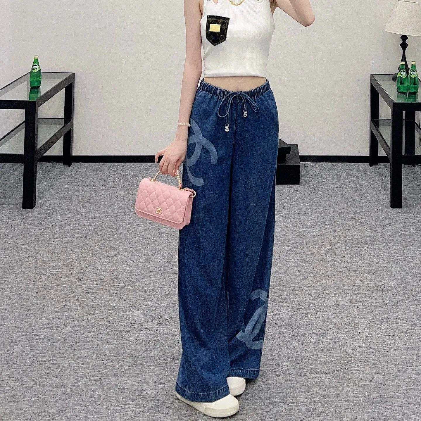 『S-L』おしゃれ ウォッシュ加工 柔らかい 肌ざわり良い ハイウエスト デニム ワイド ロング パンツ