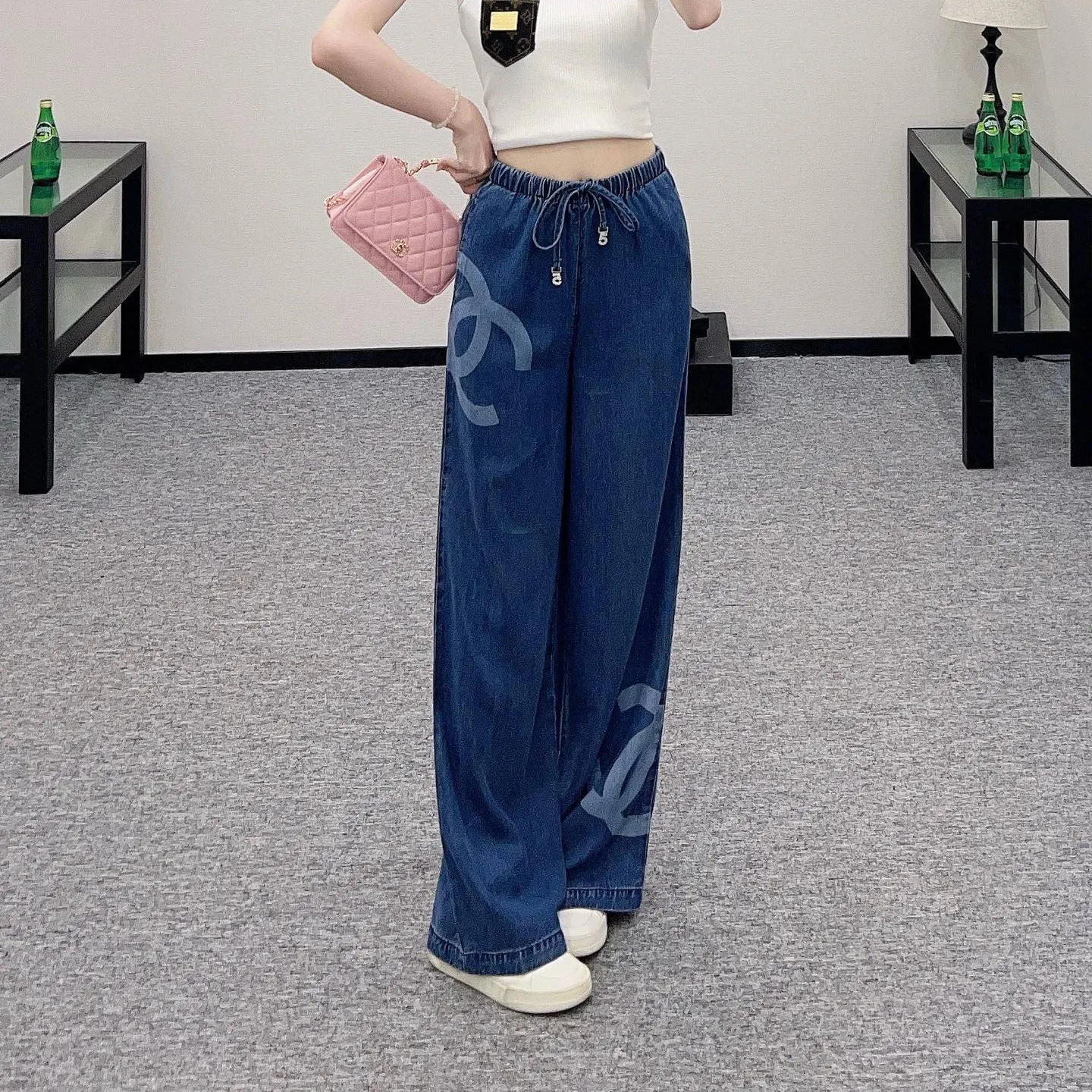 『S-L』おしゃれ ウォッシュ加工 柔らかい 肌ざわり良い ハイウエスト デニム ワイド ロング パンツ