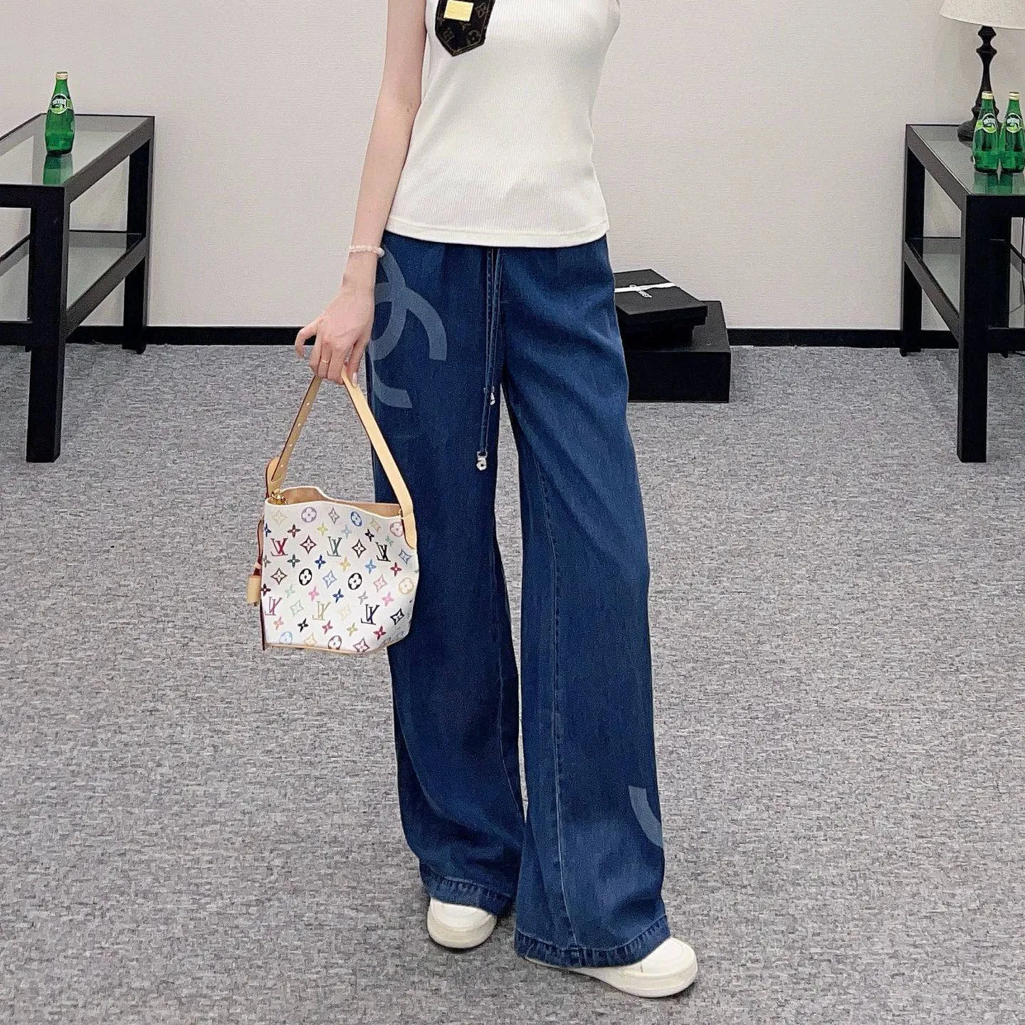 『S-L』おしゃれ ウォッシュ加工 柔らかい 肌ざわり良い ハイウエスト デニム ワイド ロング パンツ