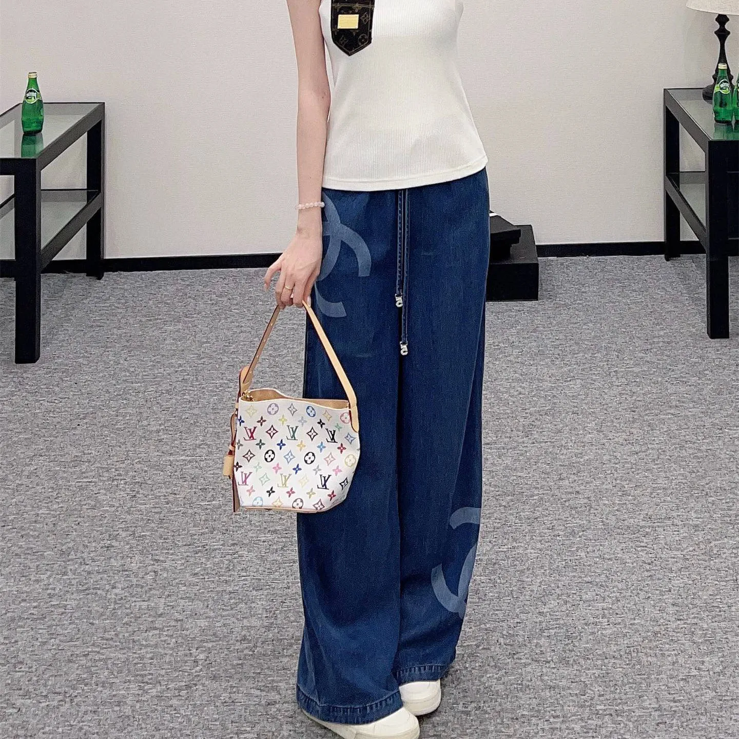 『S-L』おしゃれ ウォッシュ加工 柔らかい 肌ざわり良い ハイウエスト デニム ワイド ロング パンツ
