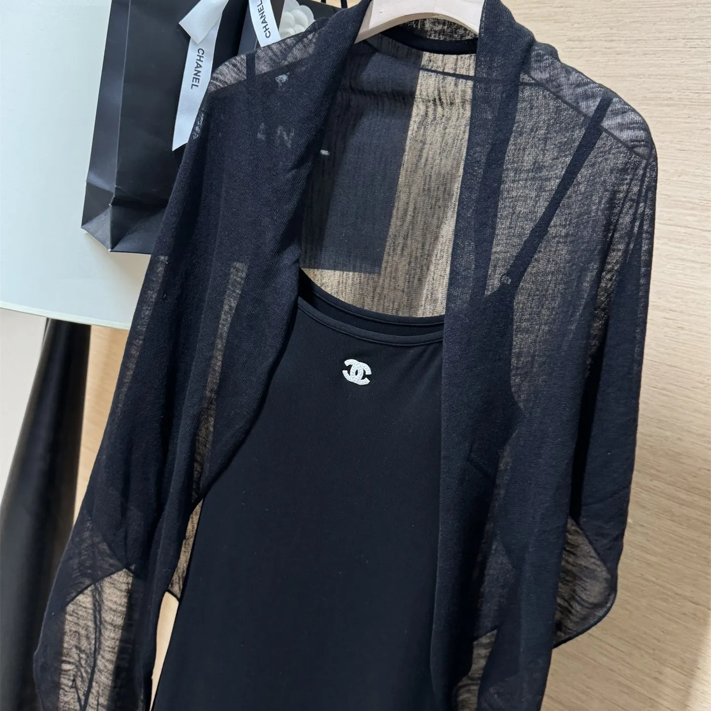 『S-L』エレガント 黒 シースルー ブラウス パッド 付き 黒 ストラップ ロング ドレス ツーピース セット