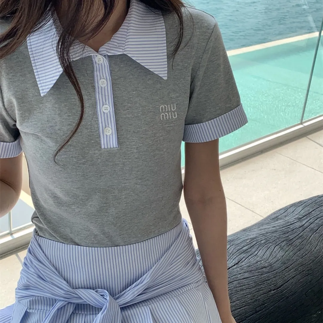 『S-L』おしゃれ 刺繍 アクセント カラー ブロック 青 ストライプ トップス 袖 タイアップ スカート セットアップ
