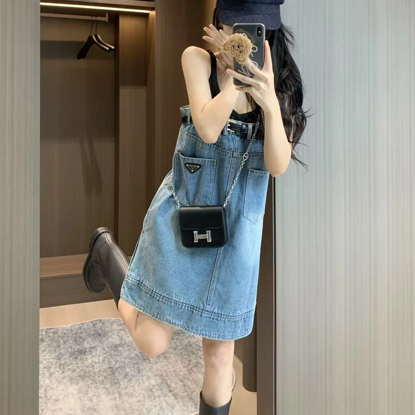 『S-L』超 ピュア スタイル 抜群 高く見せ ボディ ライン ギャル 元気 レトロ デニム ストラップ ワンピース