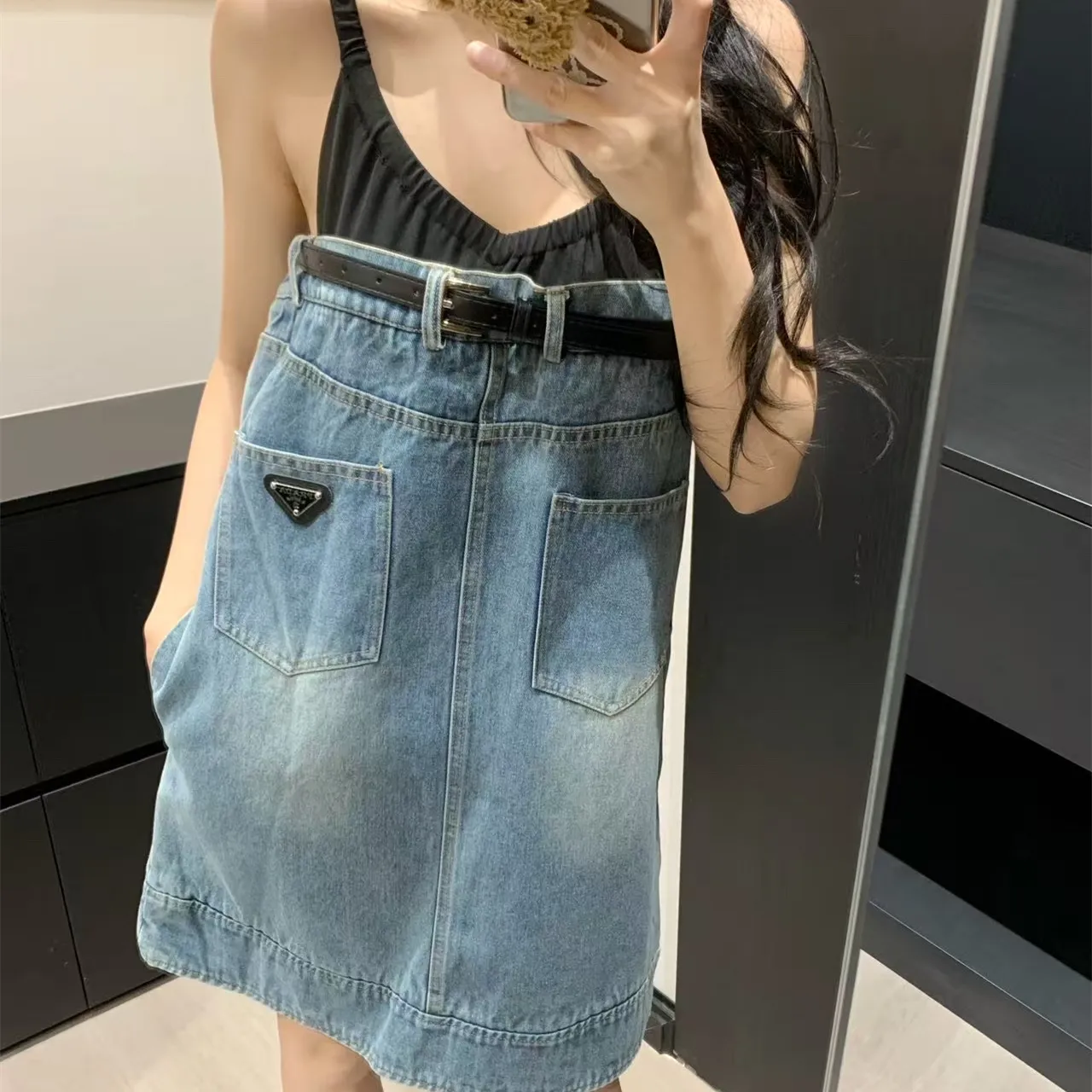 『S-L』超 ピュア スタイル 抜群 高く見せ ボディ ライン ギャル 元気 レトロ デニム ストラップ ワンピース