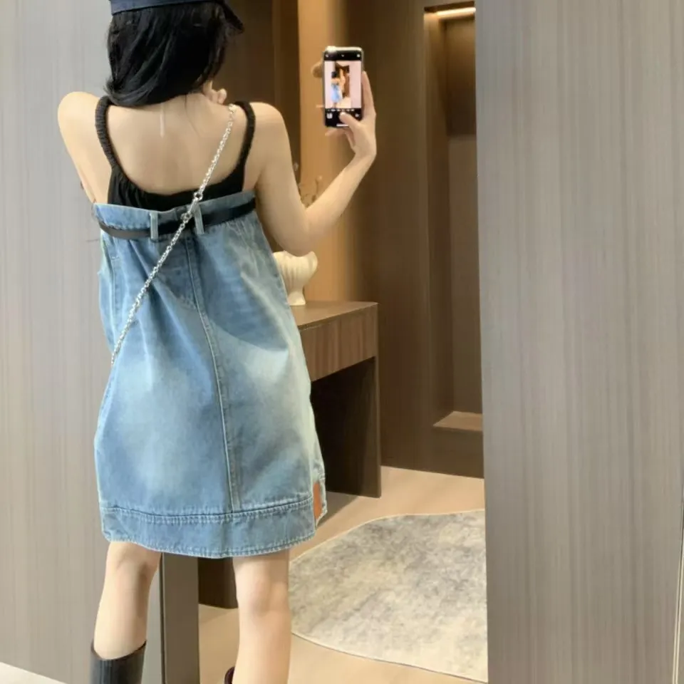 『S-L』超 ピュア スタイル 抜群 高く見せ ボディ ライン ギャル 元気 レトロ デニム ストラップ ワンピース