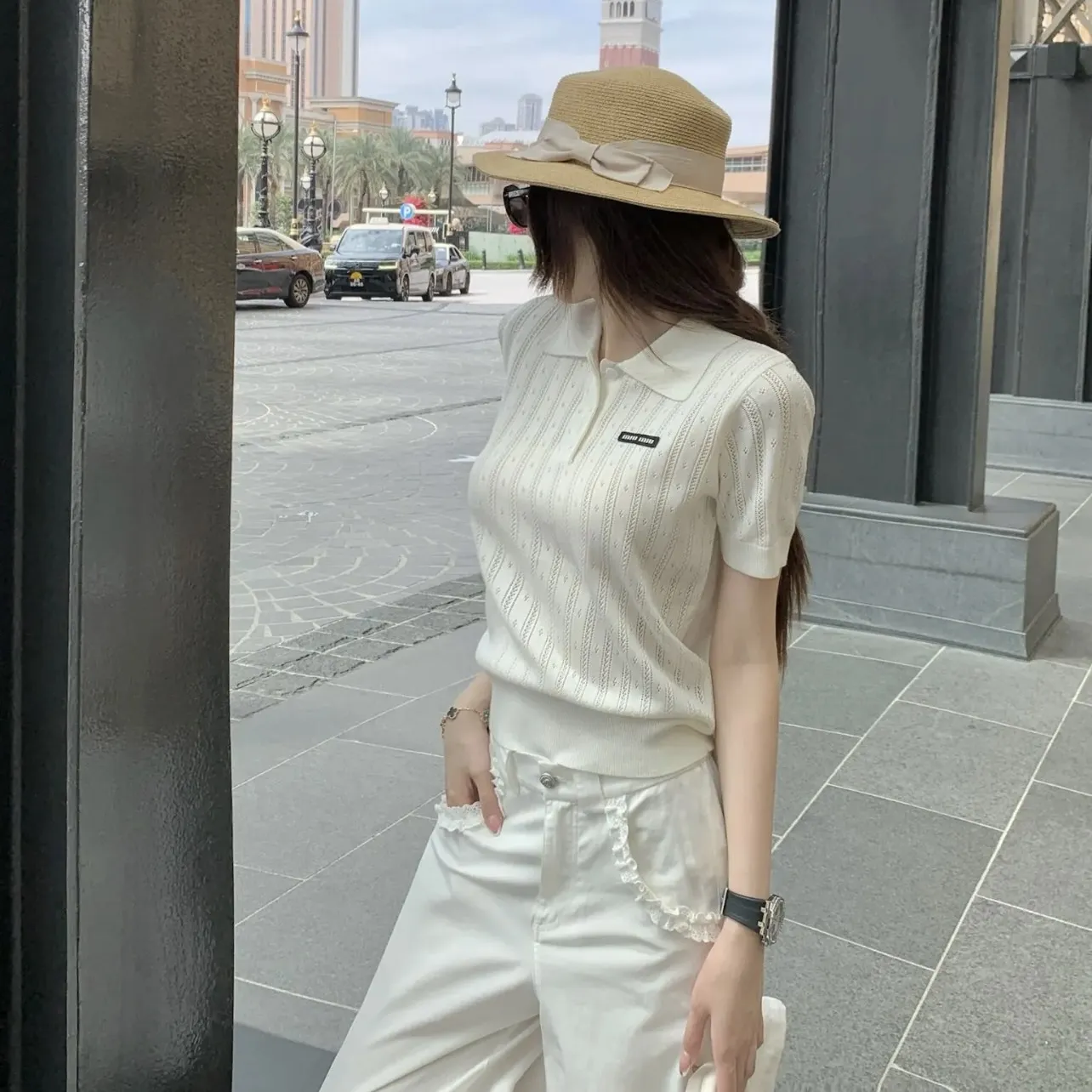 『S-L』クラシック 高級感 ミニ ポロ カラー デザイン 縦 ストライプ ジャカード 透かし 編み ポロ 半袖 ベスト