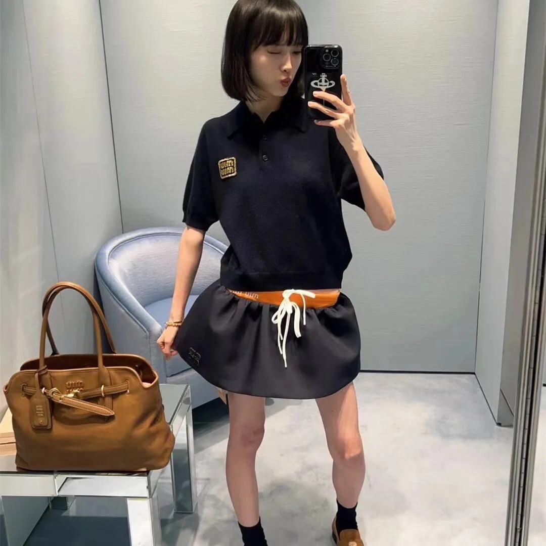 『S-L』早春 新作 ユニーク ルーズ ナチュラル レトロ プレイフル 金糸 エンブレム ロゴ ポロ ストライプ 半袖 ニット