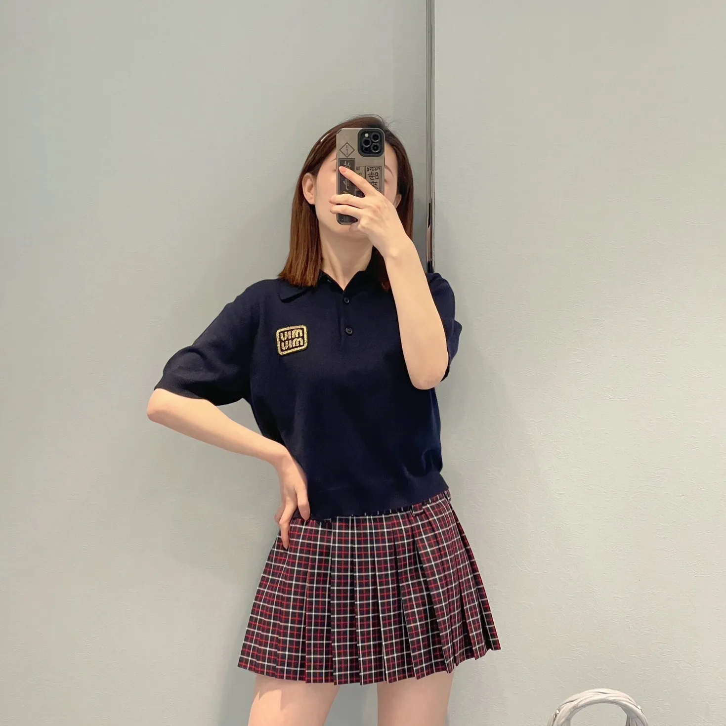 『S-L』早春 新作 ユニーク ルーズ ナチュラル レトロ プレイフル 金糸 エンブレム ロゴ ポロ ストライプ 半袖 ニット