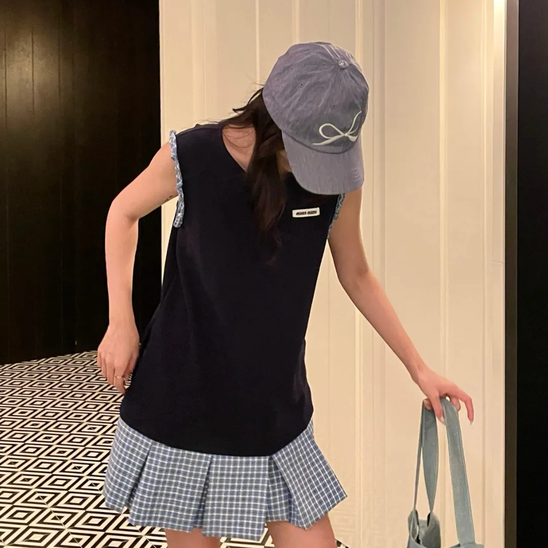 『S-L』おすすめ 魅力的 売れ筋 トレンド ノースリーブ チェック柄  切り替え 2色 ワンピース